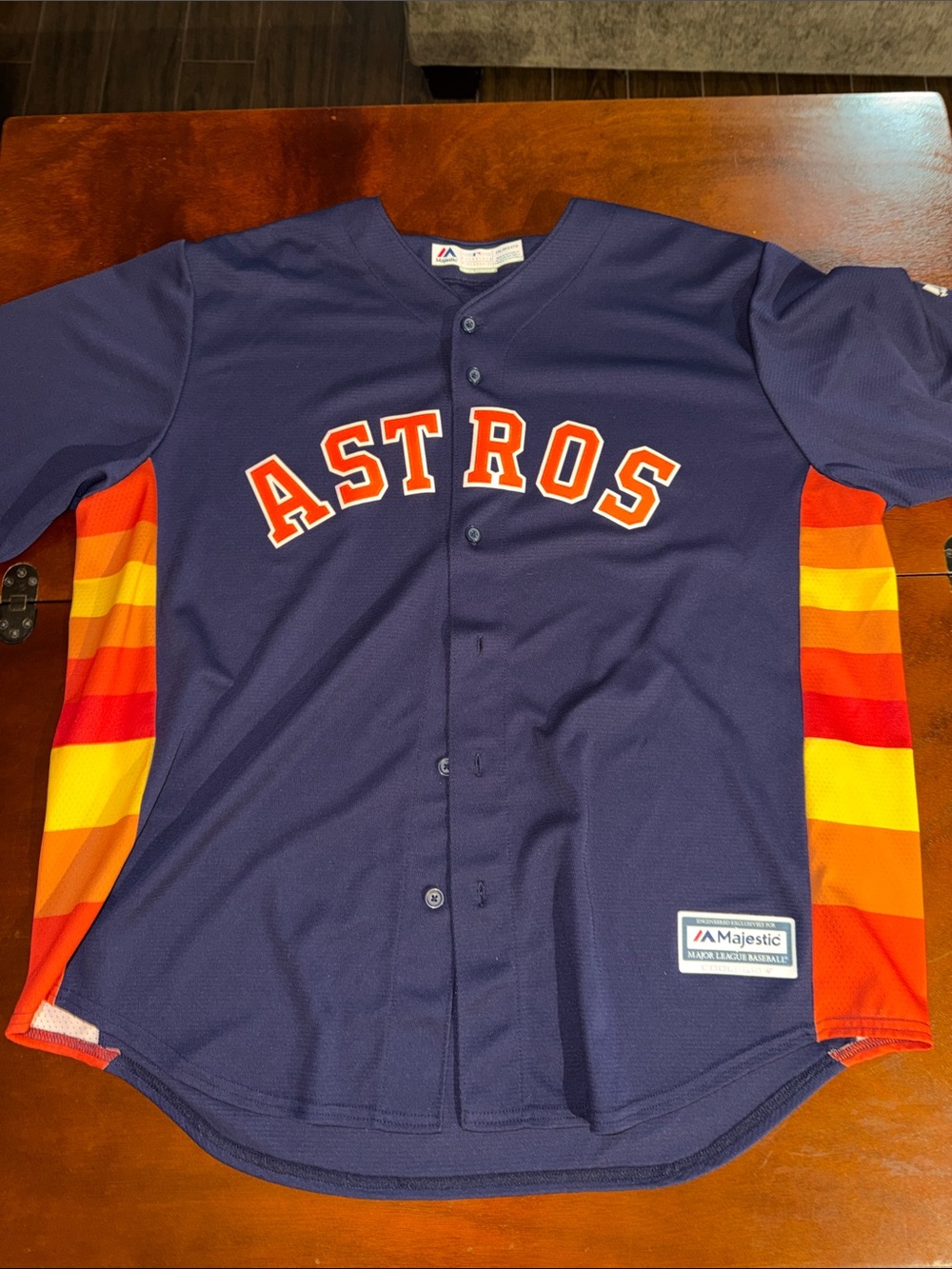 Majestic tequila sunrise Astros Navy Jersey with Orange, Red and Yellow Accents